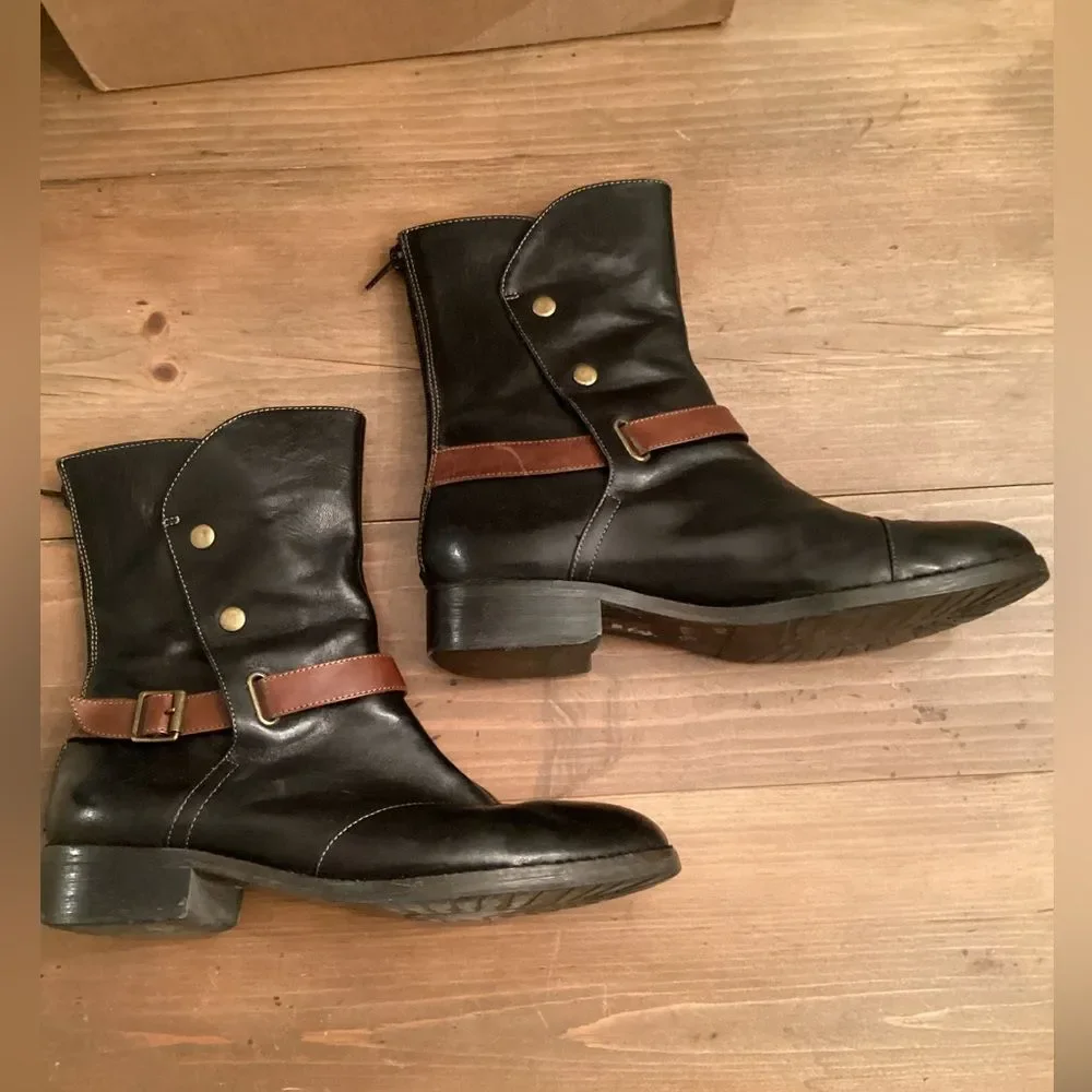 ANTHROPOLOGIE EVERYBODY BOOTS BY BZ MODA SIZE 39.5 BELTED LEATHER MOTO BOOTS